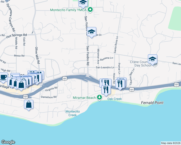 map of restaurants, bars, coffee shops, grocery stores, and more near 104 San Ysidro Road in Santa Barbara