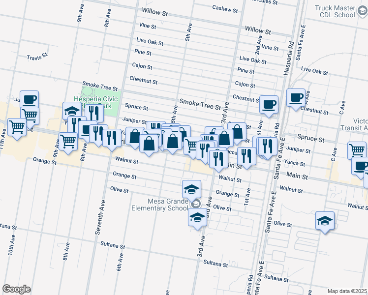 map of restaurants, bars, coffee shops, grocery stores, and more near 16211 Yucca Street in Hesperia