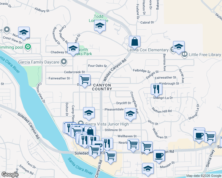 map of restaurants, bars, coffee shops, grocery stores, and more near 19159 Newhouse Street in Santa Clarita