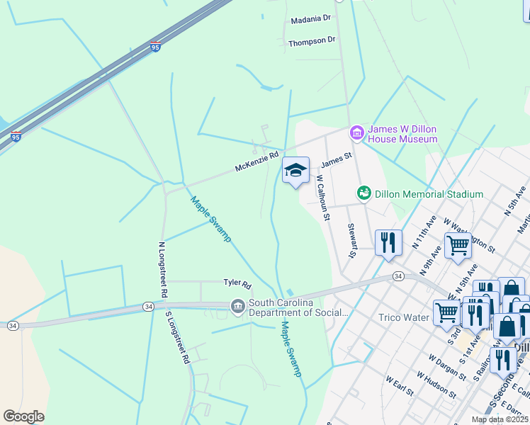 map of restaurants, bars, coffee shops, grocery stores, and more near 1041 Coward Court in Dillon