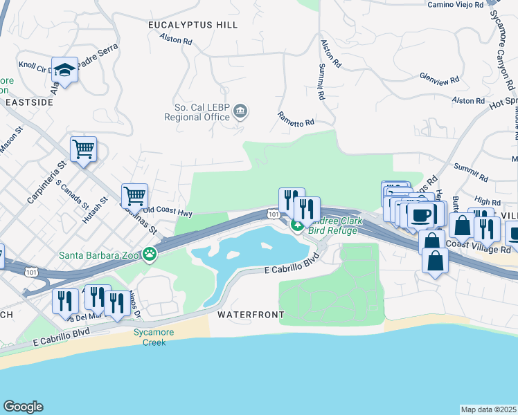 map of restaurants, bars, coffee shops, grocery stores, and more near 652 Old Coast Highway in Santa Barbara