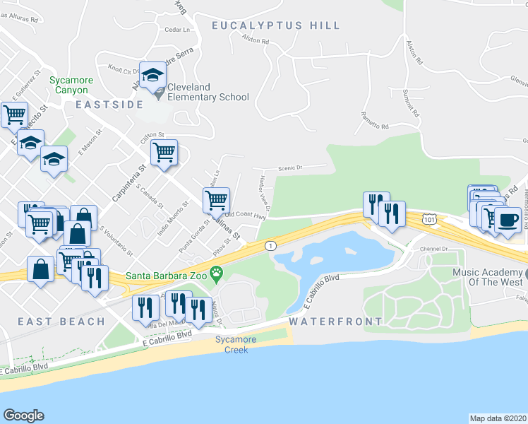 map of restaurants, bars, coffee shops, grocery stores, and more near 441 Old Coast Highway in Santa Barbara