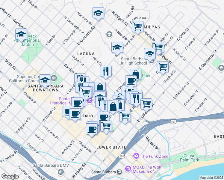 map of restaurants, bars, coffee shops, grocery stores, and more near 706 Laguna Street in Santa Barbara