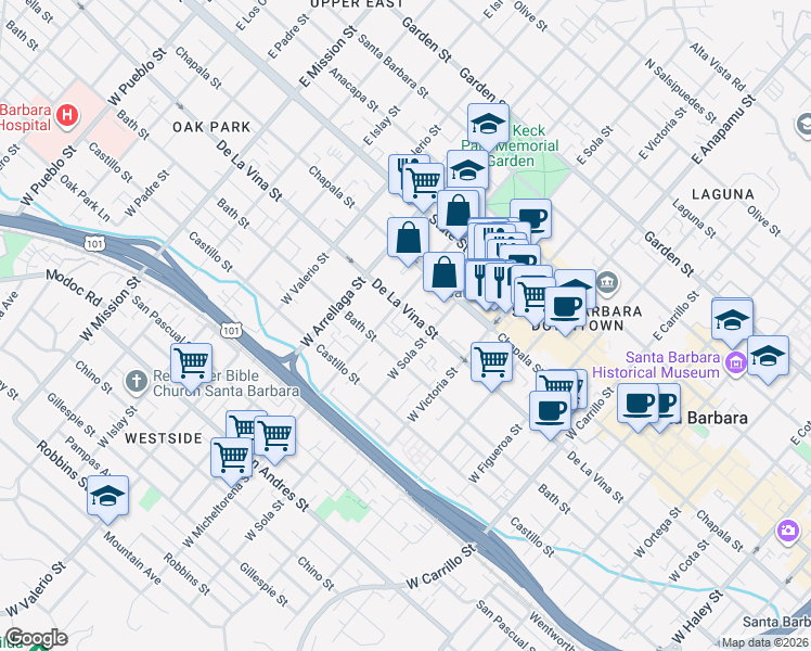 map of restaurants, bars, coffee shops, grocery stores, and more near 1429 De La Vina Street in Santa Barbara