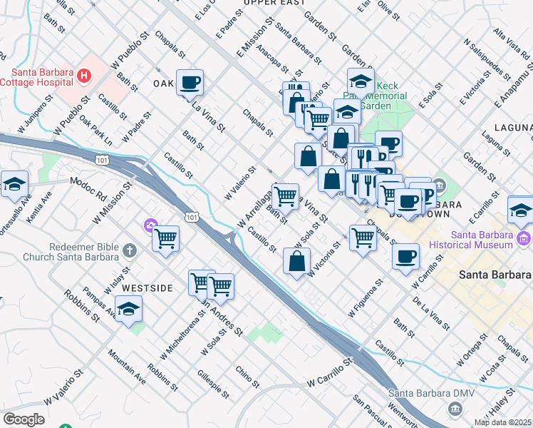 map of restaurants, bars, coffee shops, grocery stores, and more near in Santa Barbara