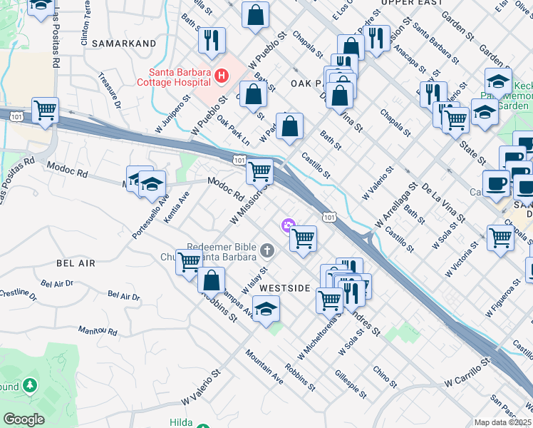 map of restaurants, bars, coffee shops, grocery stores, and more near 1913 San Pascual Street in Santa Barbara
