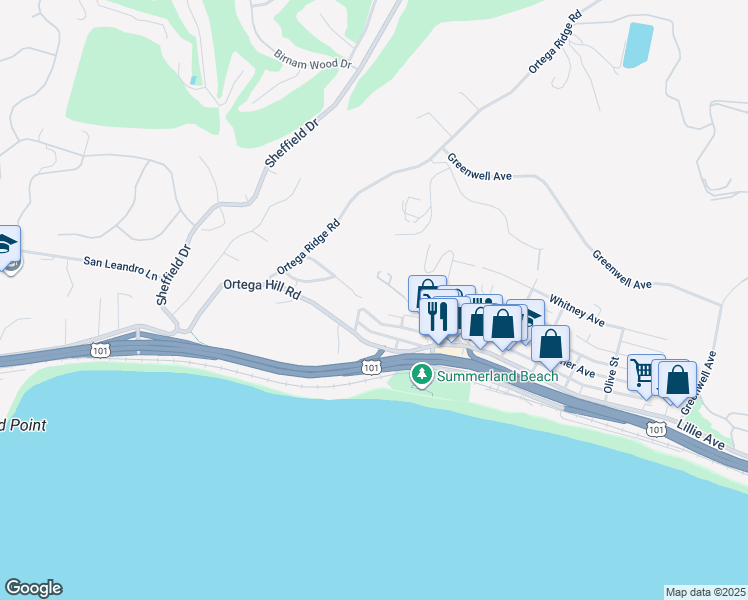 map of restaurants, bars, coffee shops, grocery stores, and more near 228 Ortega Ridge Road in Santa Barbara
