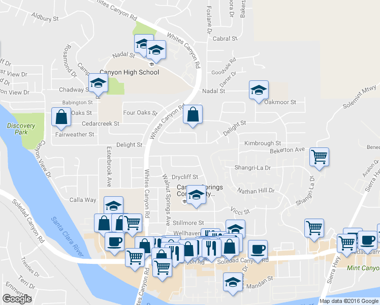 map of restaurants, bars, coffee shops, grocery stores, and more near 19023 Newhouse Street in Santa Clarita