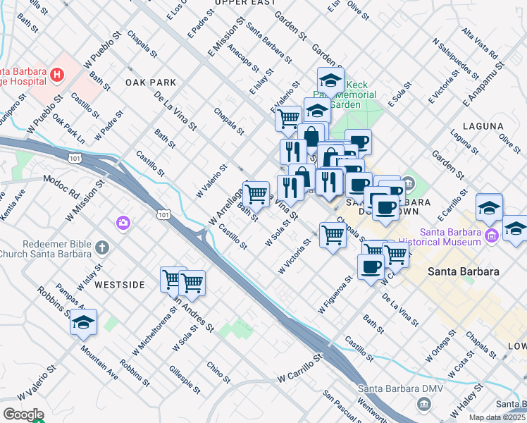 map of restaurants, bars, coffee shops, grocery stores, and more near 221 West Micheltorena Street in Santa Barbara