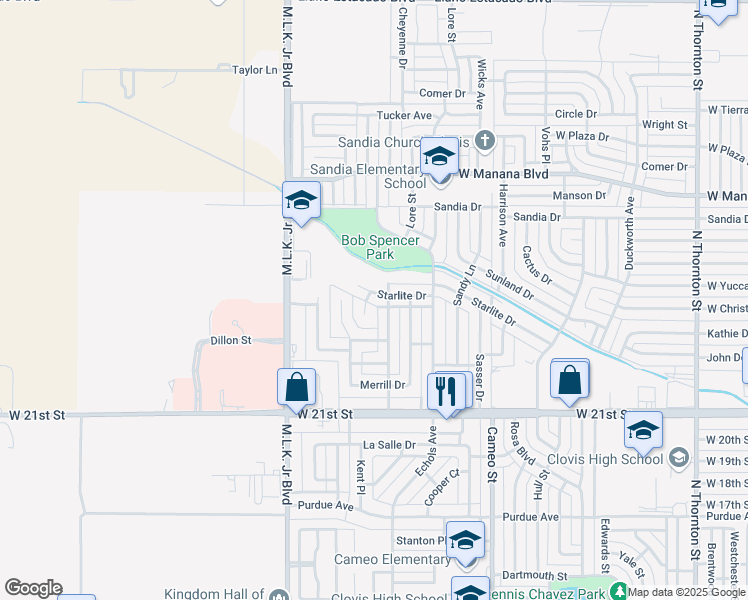 map of restaurants, bars, coffee shops, grocery stores, and more near 101 Calle De Oro in Clovis