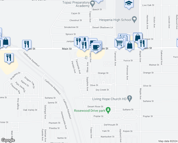 map of restaurants, bars, coffee shops, grocery stores, and more near 9513 Silver Avenue in Hesperia