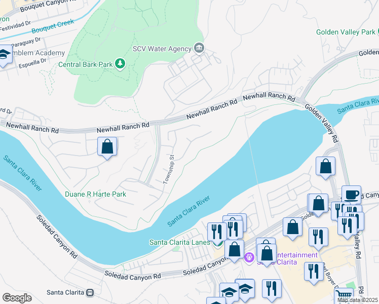 map of restaurants, bars, coffee shops, grocery stores, and more near 22356 Windriver Court in Santa Clarita