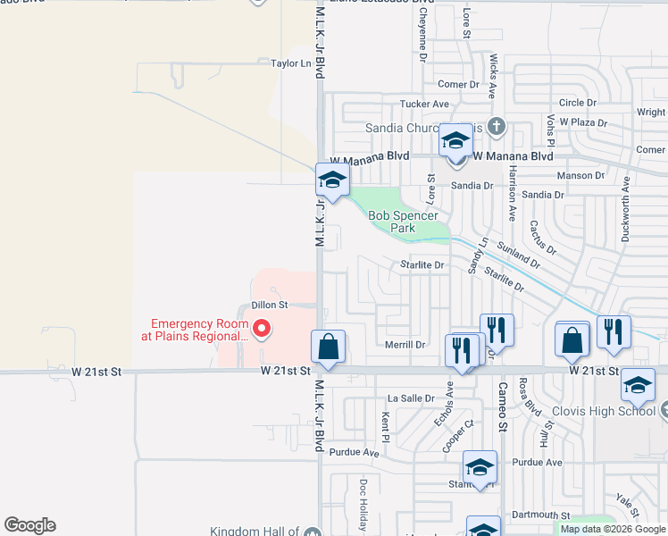 map of restaurants, bars, coffee shops, grocery stores, and more near 2501 Martin Luther King Junior Boulevard in Clovis
