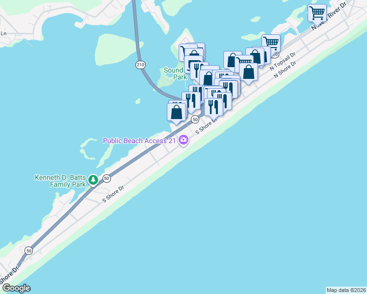 map of restaurants, bars, coffee shops, grocery stores, and more near 400 South Shore Drive in Surf City