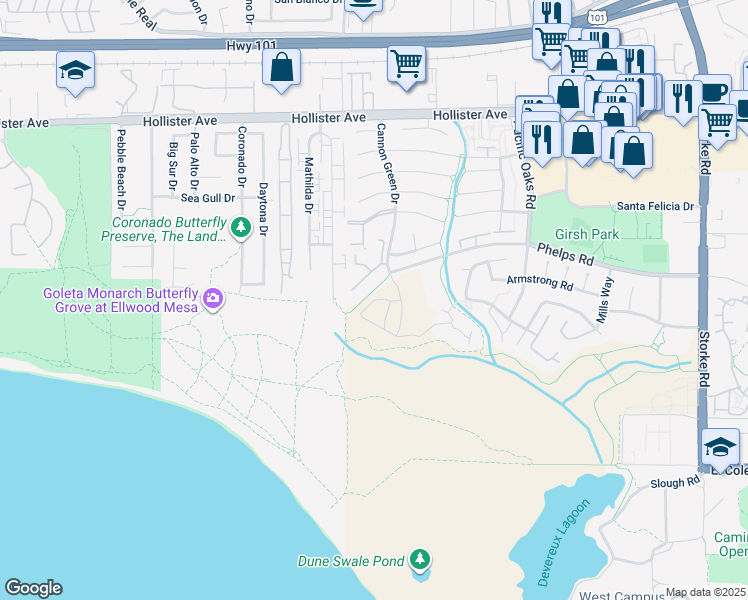 map of restaurants, bars, coffee shops, grocery stores, and more near 514 Coral Way in Goleta