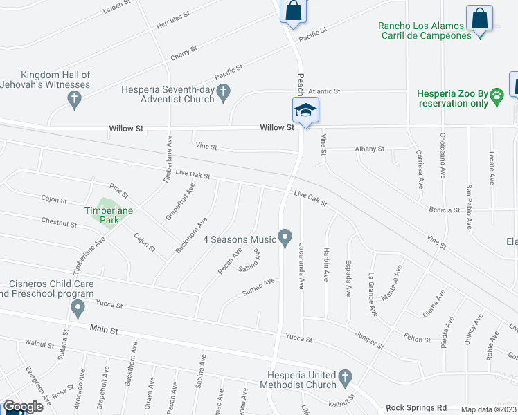 map of restaurants, bars, coffee shops, grocery stores, and more near 9480 Pecan Avenue in Hesperia