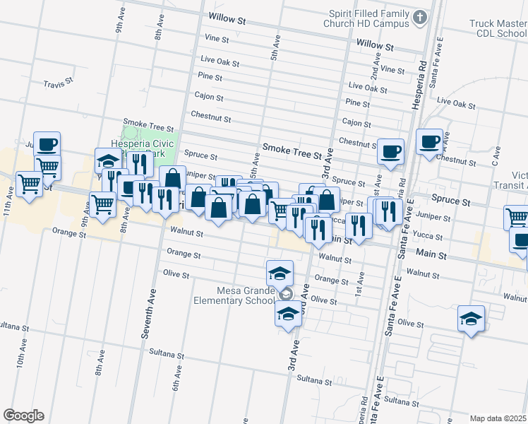 map of restaurants, bars, coffee shops, grocery stores, and more near in Hesperia