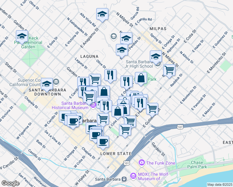 map of restaurants, bars, coffee shops, grocery stores, and more near 706 Laguna Street in Santa Barbara