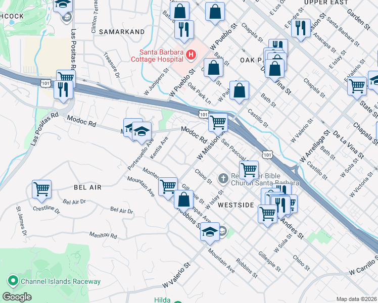 map of restaurants, bars, coffee shops, grocery stores, and more near 25 Lorinda Place in Santa Barbara
