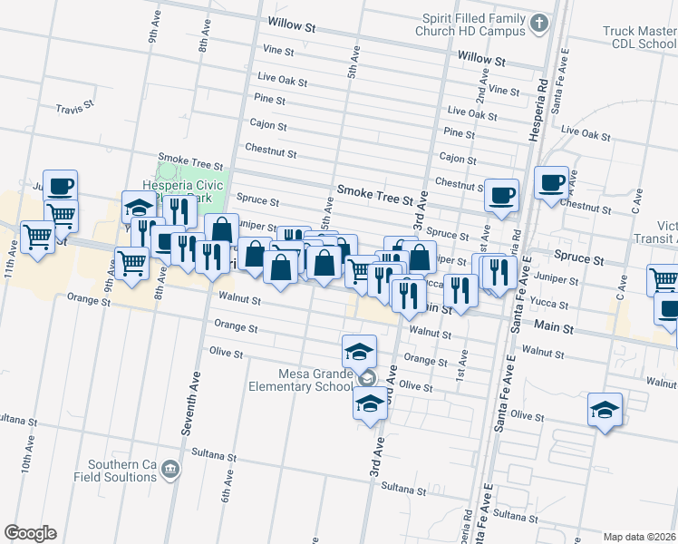map of restaurants, bars, coffee shops, grocery stores, and more near 16175 Yucca Street in Hesperia