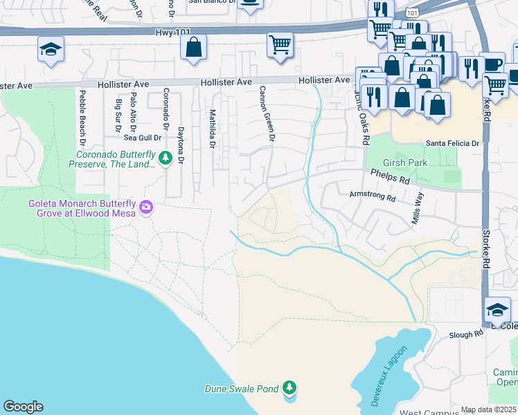 map of restaurants, bars, coffee shops, grocery stores, and more near 507 Coral Way in Goleta