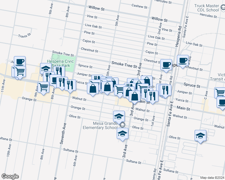 map of restaurants, bars, coffee shops, grocery stores, and more near 16175 Yucca Street in Hesperia