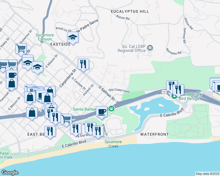map of restaurants, bars, coffee shops, grocery stores, and more near 8 Ocean View Avenue in Santa Barbara