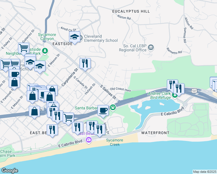 map of restaurants, bars, coffee shops, grocery stores, and more near 8 Ocean View Avenue in Santa Barbara