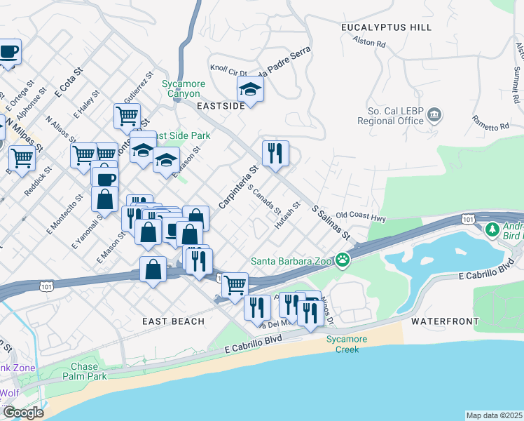 map of restaurants, bars, coffee shops, grocery stores, and more near 212 South Canada Street in Santa Barbara