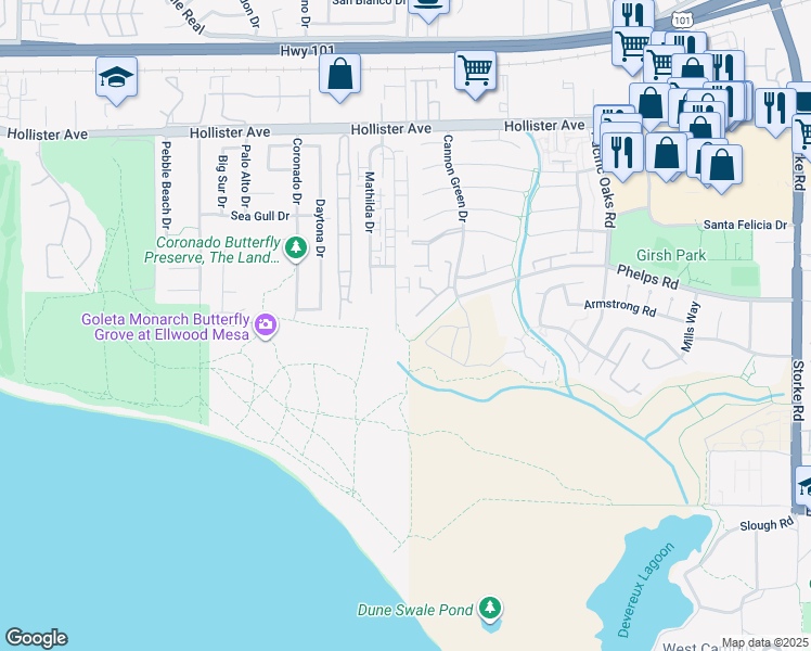 map of restaurants, bars, coffee shops, grocery stores, and more near 475 Cannon Green Drive in Goleta