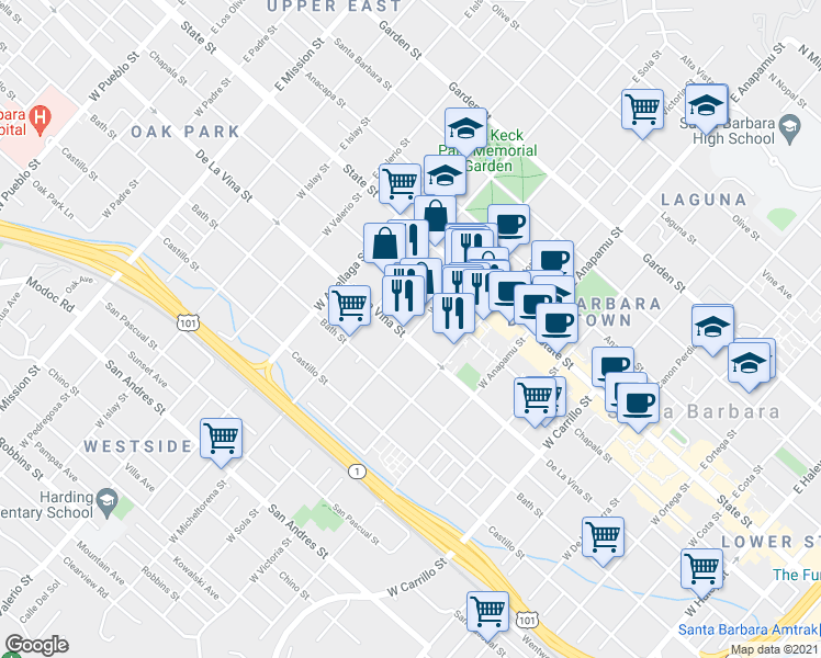 map of restaurants, bars, coffee shops, grocery stores, and more near 1404 De La Vina Street in Santa Barbara