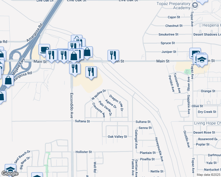 map of restaurants, bars, coffee shops, grocery stores, and more near 13556 West Nolina Drive in Hesperia
