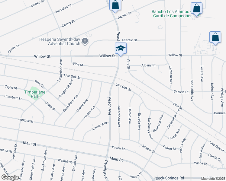 map of restaurants, bars, coffee shops, grocery stores, and more near 9485 Peach Avenue in Hesperia