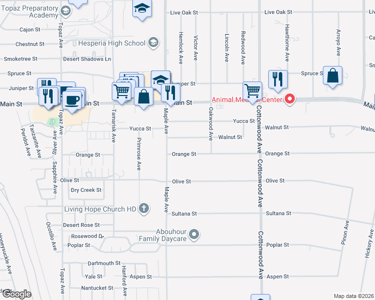 map of restaurants, bars, coffee shops, grocery stores, and more near 14586 Orange Street in Hesperia
