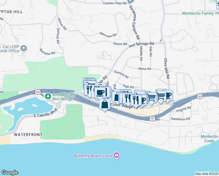 map of restaurants, bars, coffee shops, grocery stores, and more near 150 Hermosillo Road in Montecito