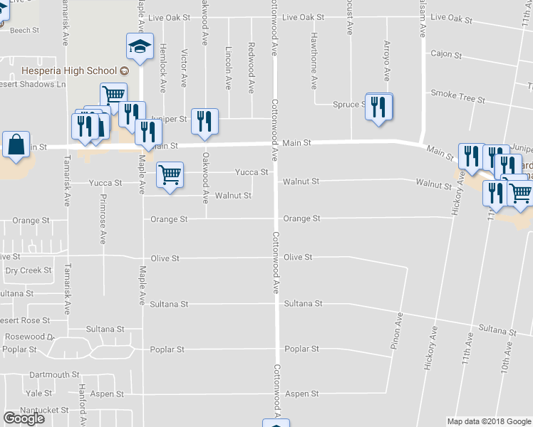 map of restaurants, bars, coffee shops, grocery stores, and more near 14868 Orange Street in Hesperia