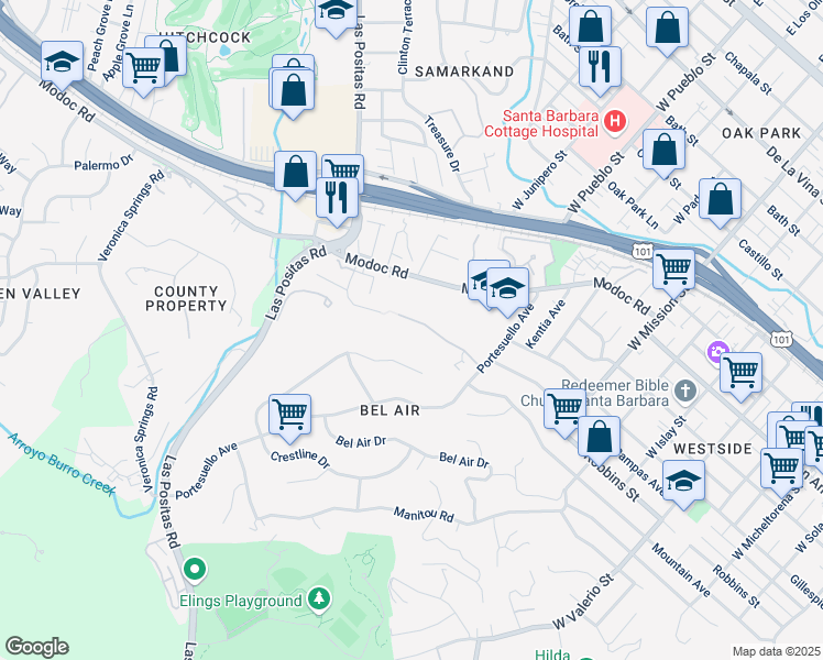 map of restaurants, bars, coffee shops, grocery stores, and more near 2409 Vista Del Campo in Santa Barbara
