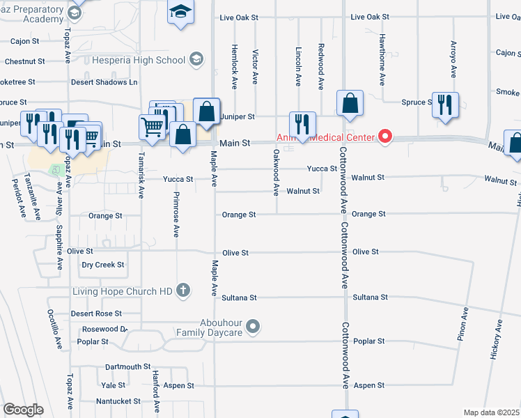 map of restaurants, bars, coffee shops, grocery stores, and more near 14634 Orange Street in Hesperia