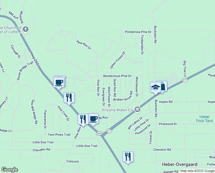map of restaurants, bars, coffee shops, grocery stores, and more near 3548 Wild Flower Drive in Heber-Overgaard