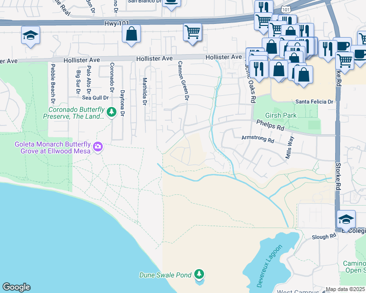map of restaurants, bars, coffee shops, grocery stores, and more near 507 Coral Way in Goleta