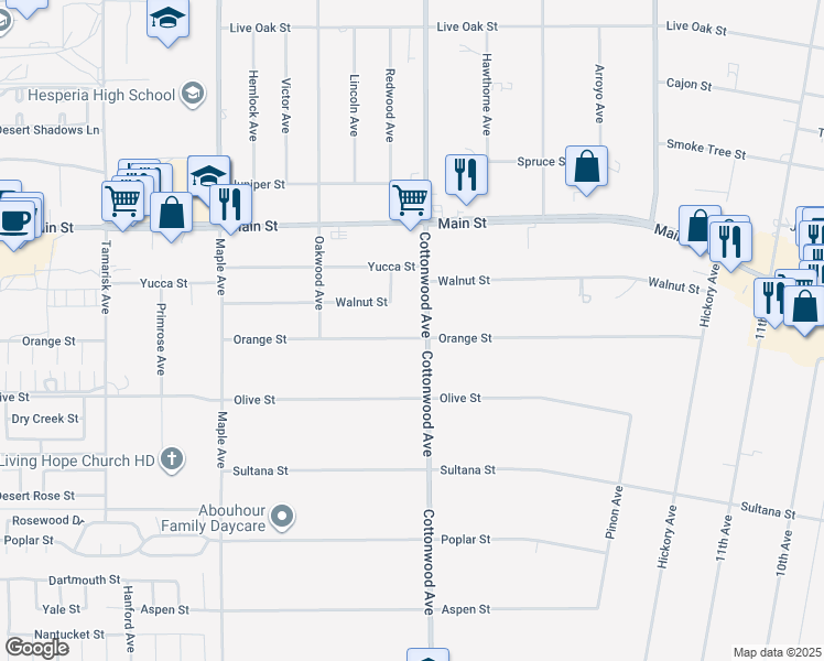 map of restaurants, bars, coffee shops, grocery stores, and more near 14868 Orange Street in Hesperia
