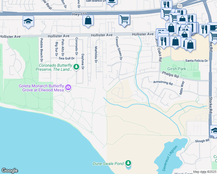 map of restaurants, bars, coffee shops, grocery stores, and more near 475 Cannon Green Drive in Goleta