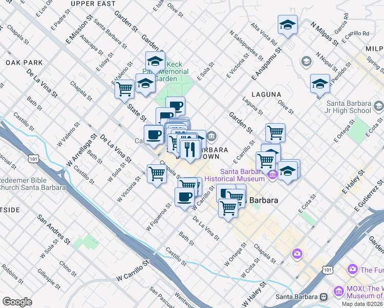 map of restaurants, bars, coffee shops, grocery stores, and more near 1130 State Street in Santa Barbara