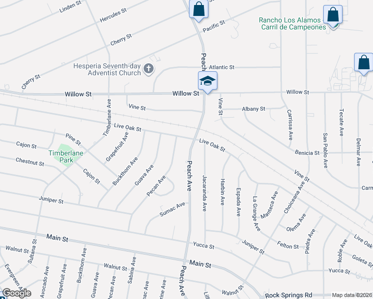 map of restaurants, bars, coffee shops, grocery stores, and more near 9470 Peach Avenue in Hesperia