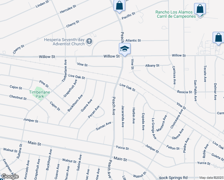 map of restaurants, bars, coffee shops, grocery stores, and more near 9470 Peach Avenue in Hesperia