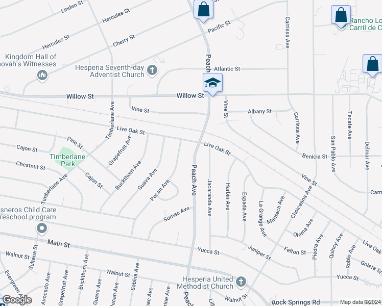 map of restaurants, bars, coffee shops, grocery stores, and more near 9470 Peach Avenue in Hesperia