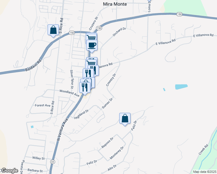map of restaurants, bars, coffee shops, grocery stores, and more near 782 Country Drive in Ojai