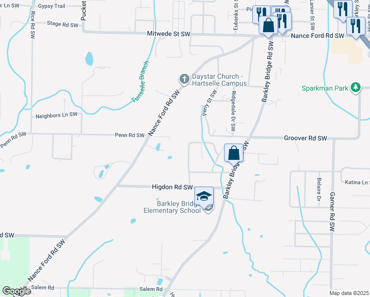 map of restaurants, bars, coffee shops, grocery stores, and more near 1905 Glenwood Dr SW in Hartselle