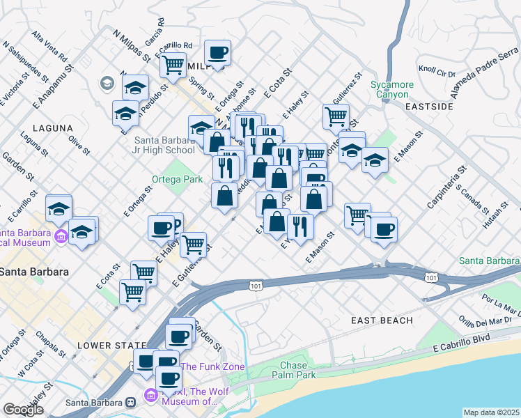 map of restaurants, bars, coffee shops, grocery stores, and more near 316 Edison Avenue in Santa Barbara