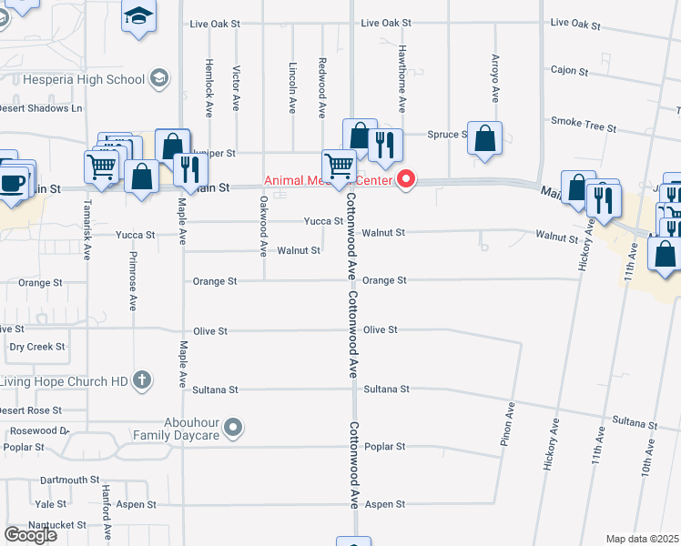 map of restaurants, bars, coffee shops, grocery stores, and more near 14868 Orange Street in Hesperia
